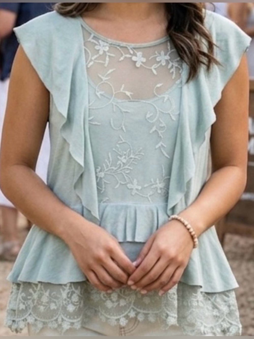 POL flutter-sleeve peplum top, pale minty blue, size small.